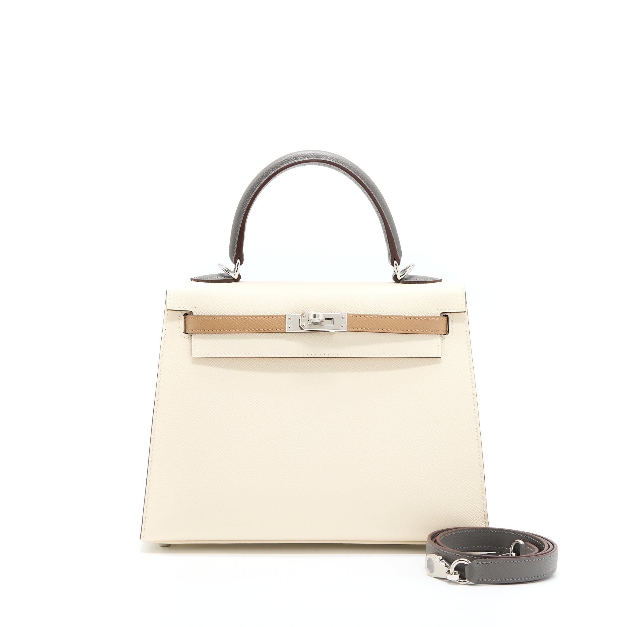 Hermes Kelly 25 Sellier Epsom Nata/ Chai/ Gris Meyer SHW Stamp U