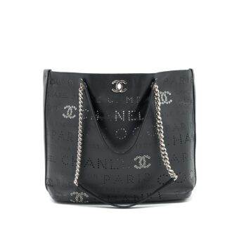 Chanel Eyelet Logo Calfskin Tote Bag Black/ Blue SHW