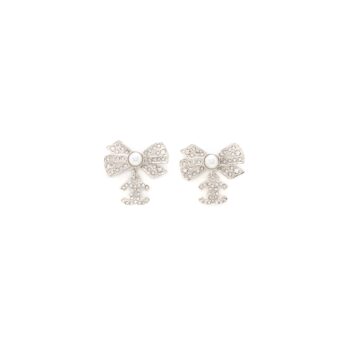 Chanel Bow/CC Logo Drop Earrings Crystal/Pearl Silver Tone
