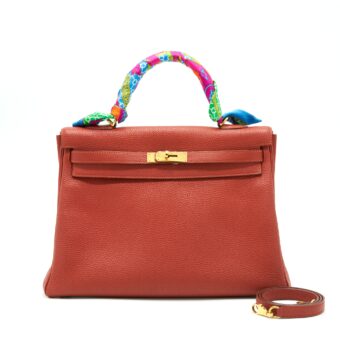 Hermes Kelly 35 Togo Vermillion GHW Stamp Square Q With An Extra Twilly