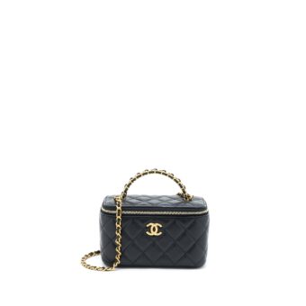 Chanel Leather Chain Top Handle Long Vanity Lambskin Black GHW