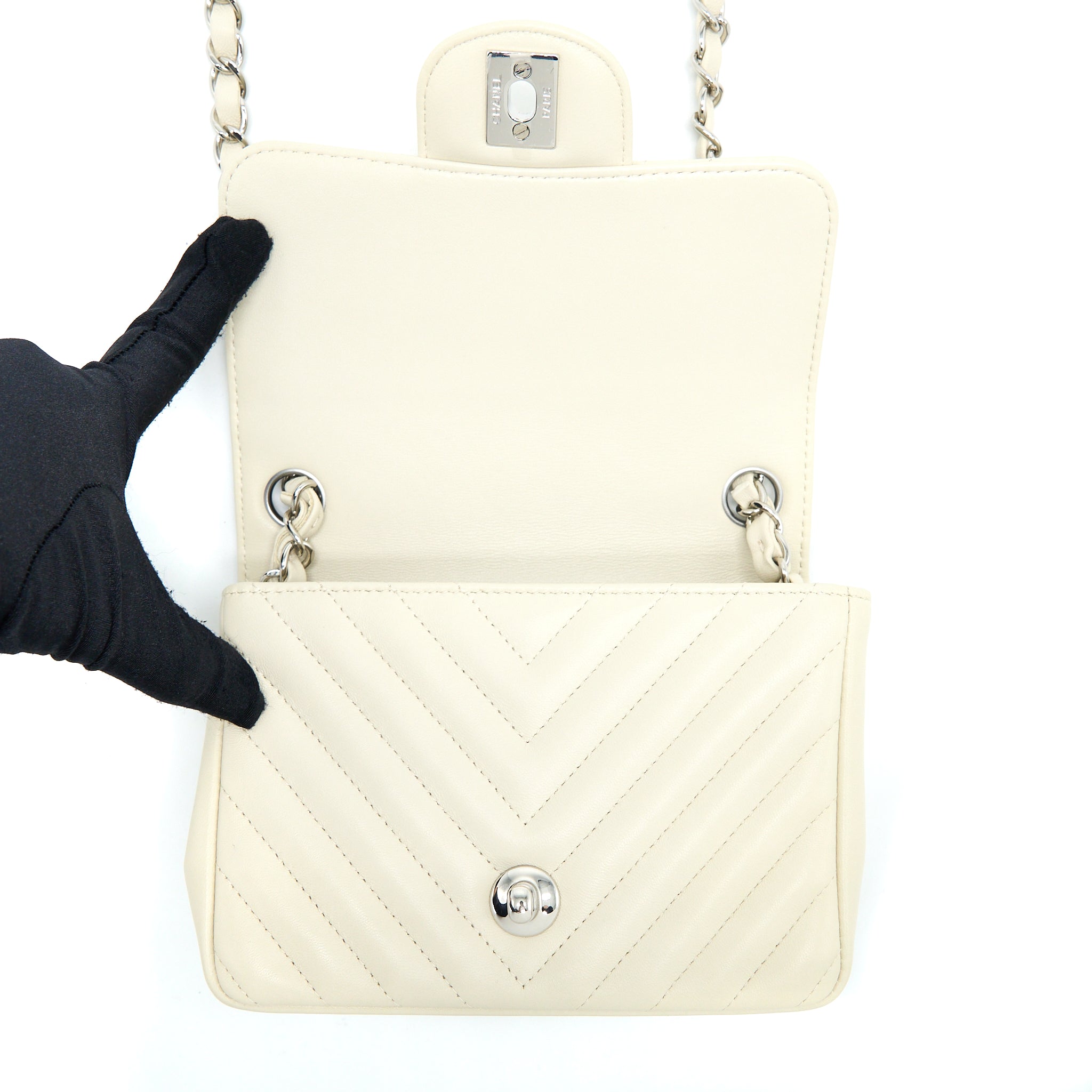 Chanel 21c Mini Square Flap Bag Chevron Lambskin Beige SHW - Image 11