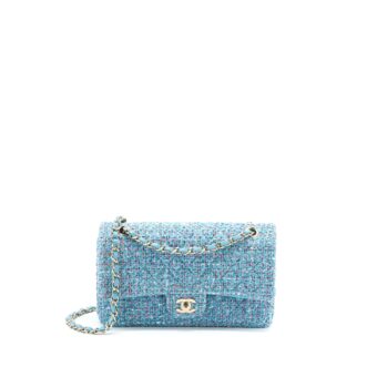 Chanel Tweed Medium Classic Double Flap Bag Light Blue LGHW