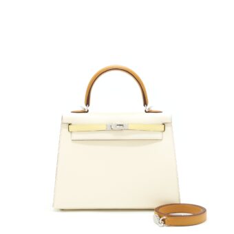 Hermes Kelly 25 Epsom leather nata/ Jaune poussin/ sesame SHW stamp Z