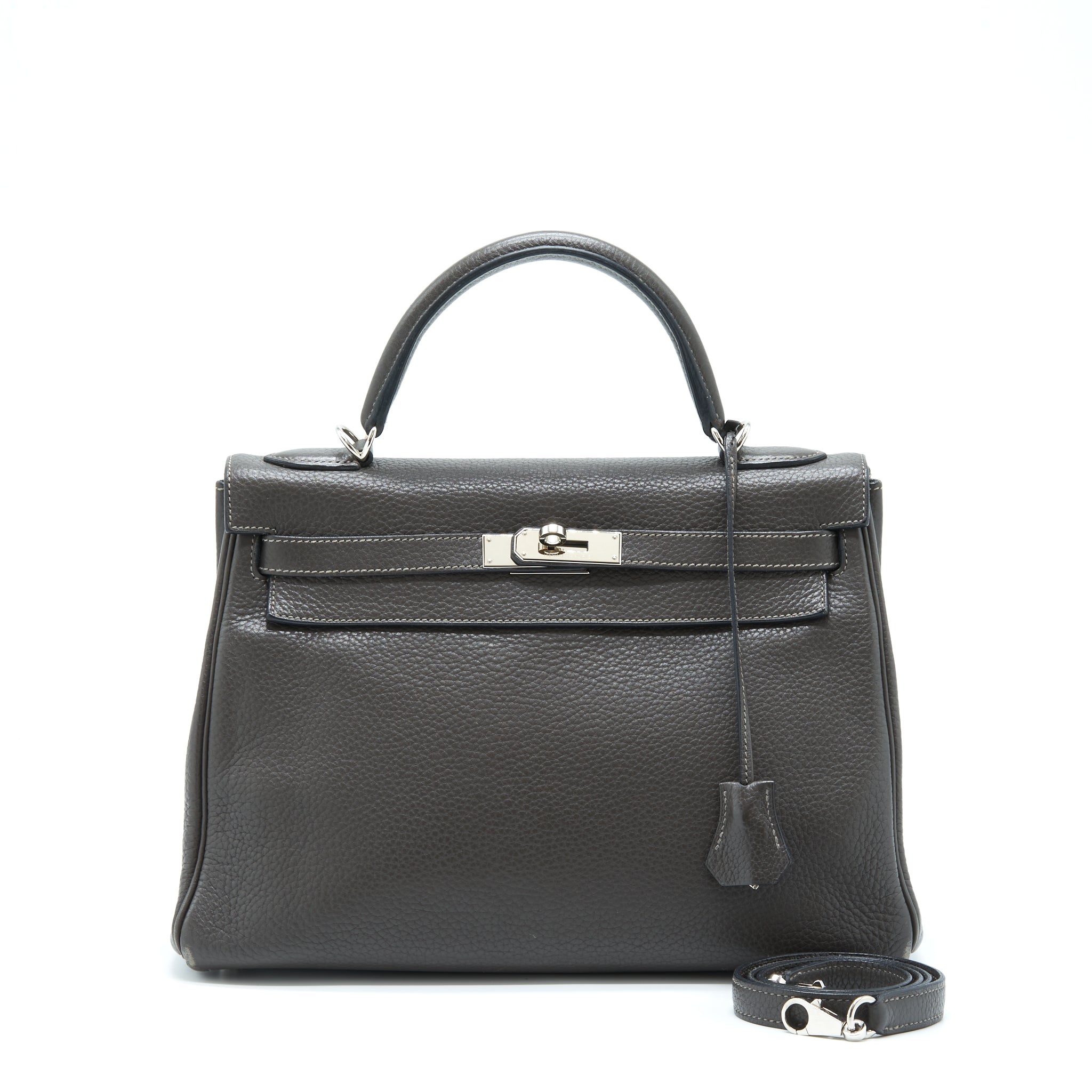 Hermes Kelly 32 Clemence Dark Grey SHW Stamp Square R