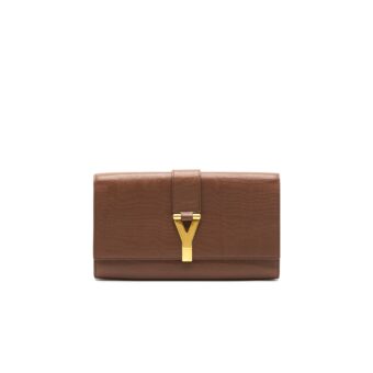 YSL Y Logo Calfskin Leather Clutch Brown