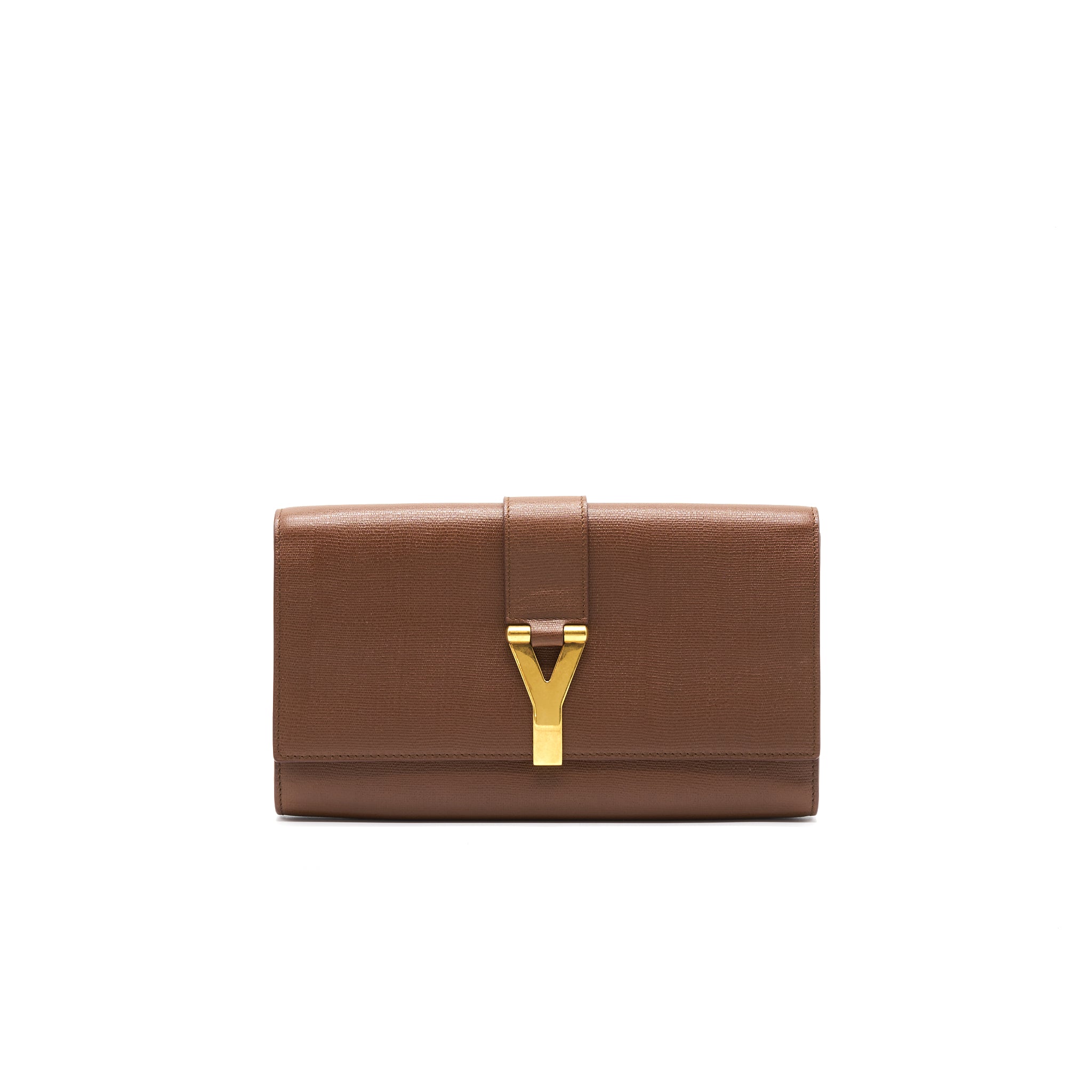 YSL Y Logo Calfskin Leather Clutch Brown