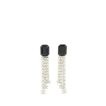 Chanel Square With Crystal And Star Dropping Earrings Silver Tone