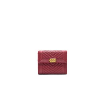 Chanel Caviar Chevron Quilted Boy Compact Wallet Red