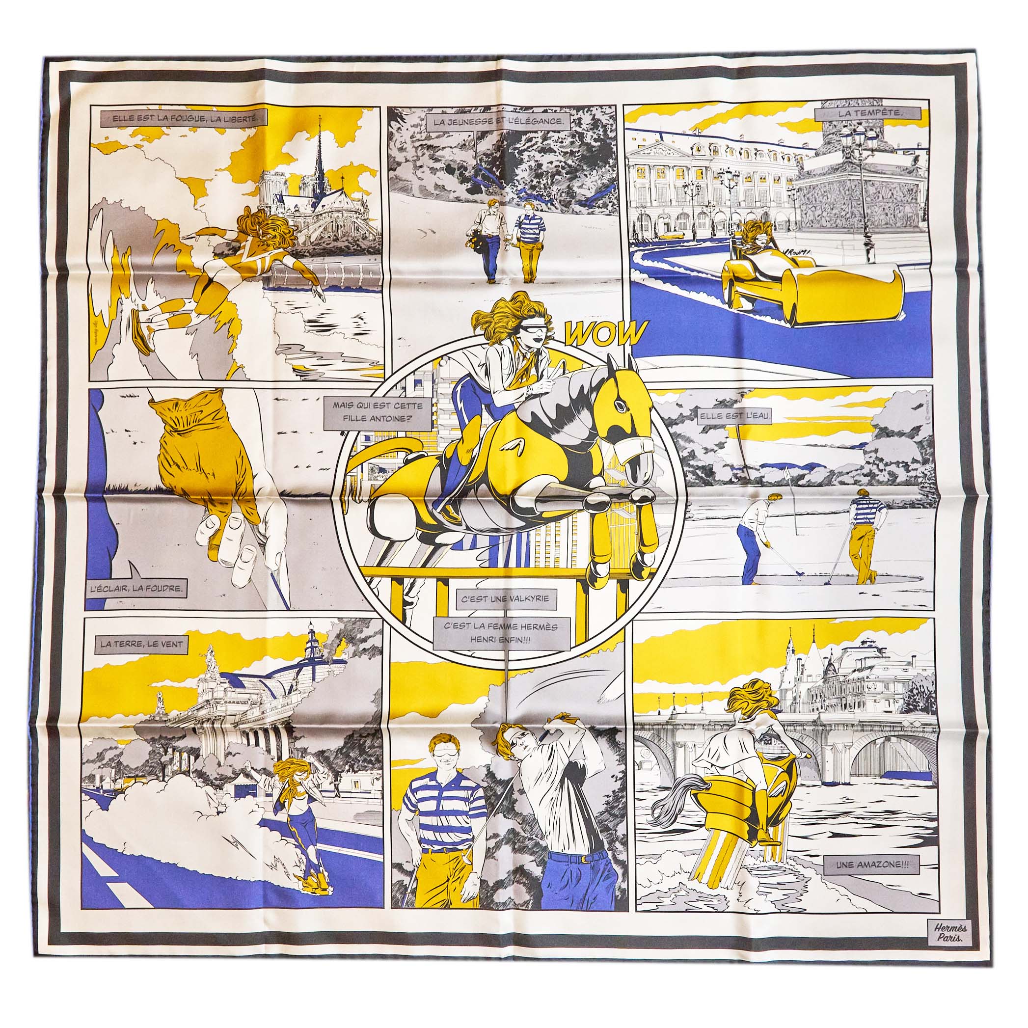 Hermes 90cm Silk Scarf Wow Double Face Blanc/Blue/Gold
