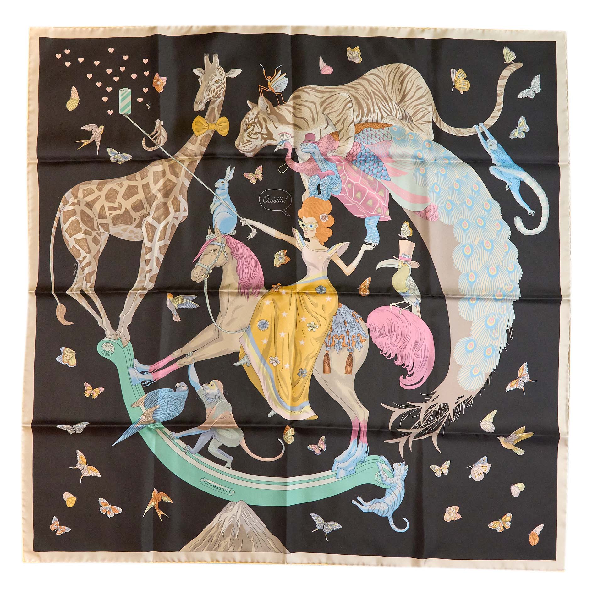 Hermes 90CM Silk Scarf Hermes Story Multicolour Black