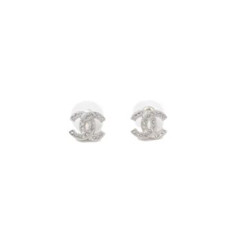 Chanel Classic Mini CC Logo Earrings Silver Tone