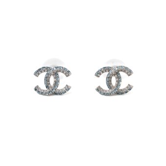 Chanel CC Logo Crystal Earring Sliver Tone