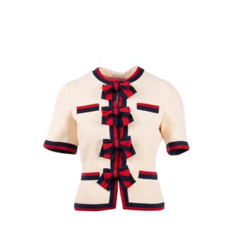 Gucci size 36 ribbon button mini jacket multicolour beige / navy/ red
