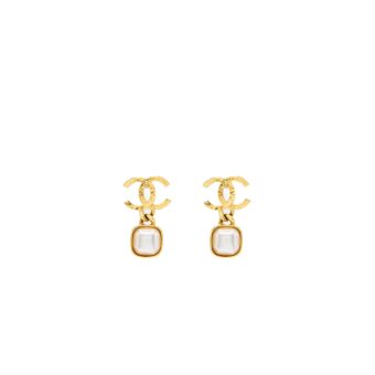 Chanel CC Logo Square Pearl Drop Earrings Gold Tone