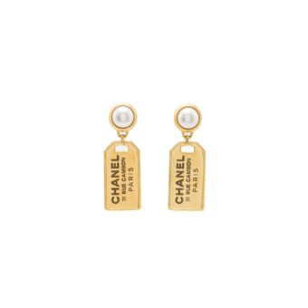 Chanel Pearl Earrings with Signature Tag Drop Gold Tone