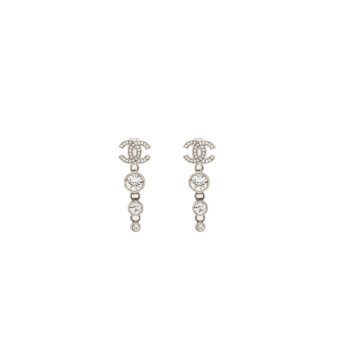 Chanel CC Logo Crystal Drop Earring Silver Tone