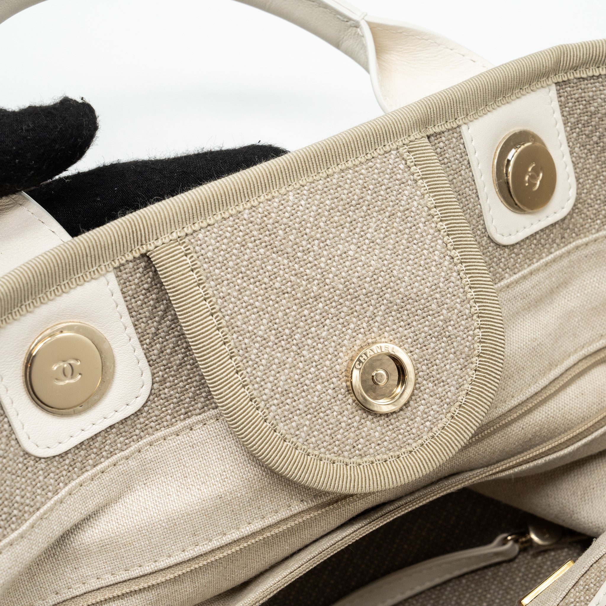 Chanel Deauville Bag Canvas/ Leather Beige/White GHW (microchip) - Image 12
