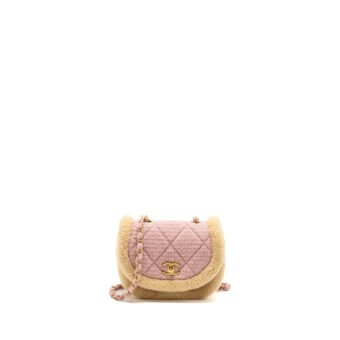 Chanel 22K Cozy coco round flap bag tweed/ shearling Pink GHW(microchip)