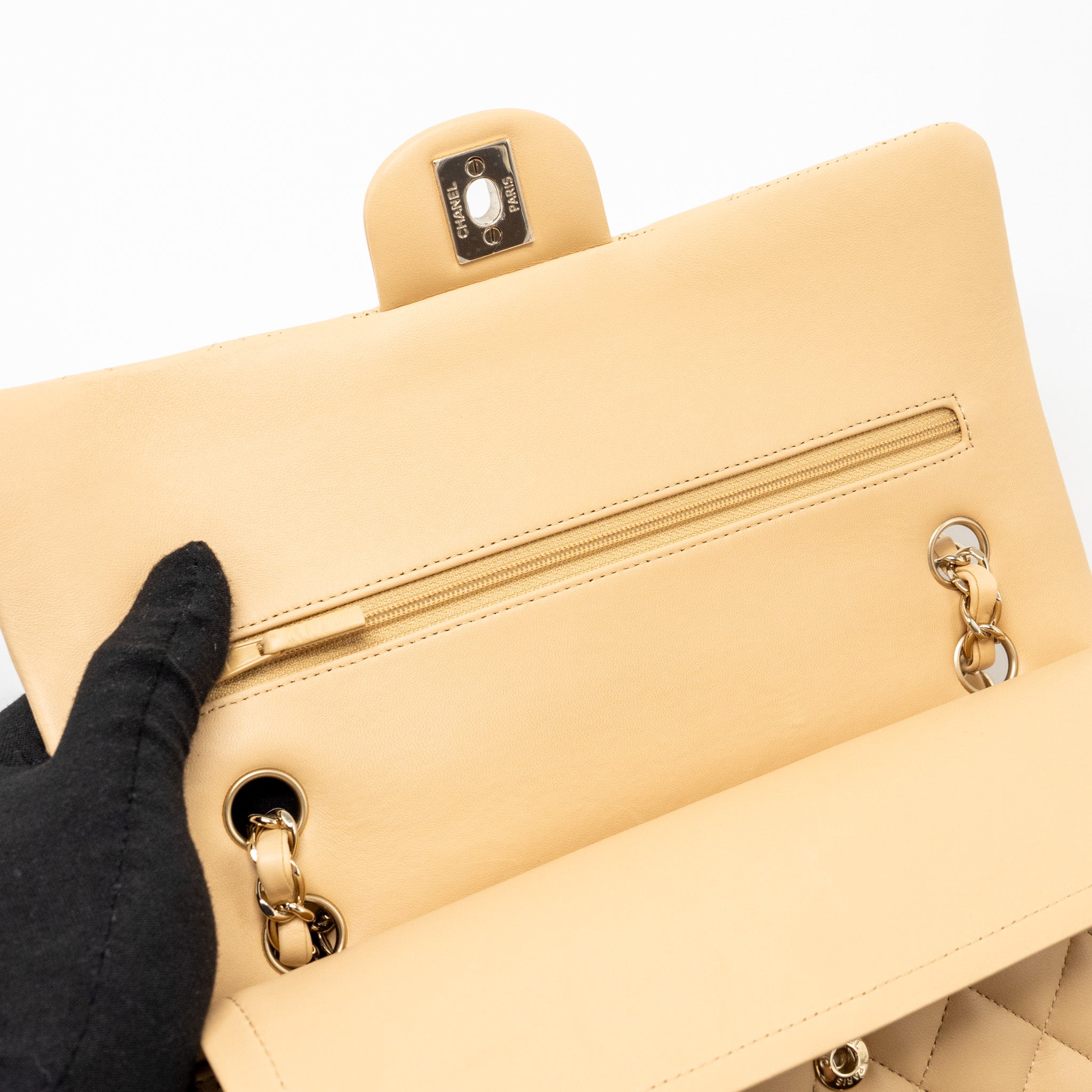 Chanel Medium Classic Double Flap Bag Lambskin Beige LGHW (Microchip) - Image 10