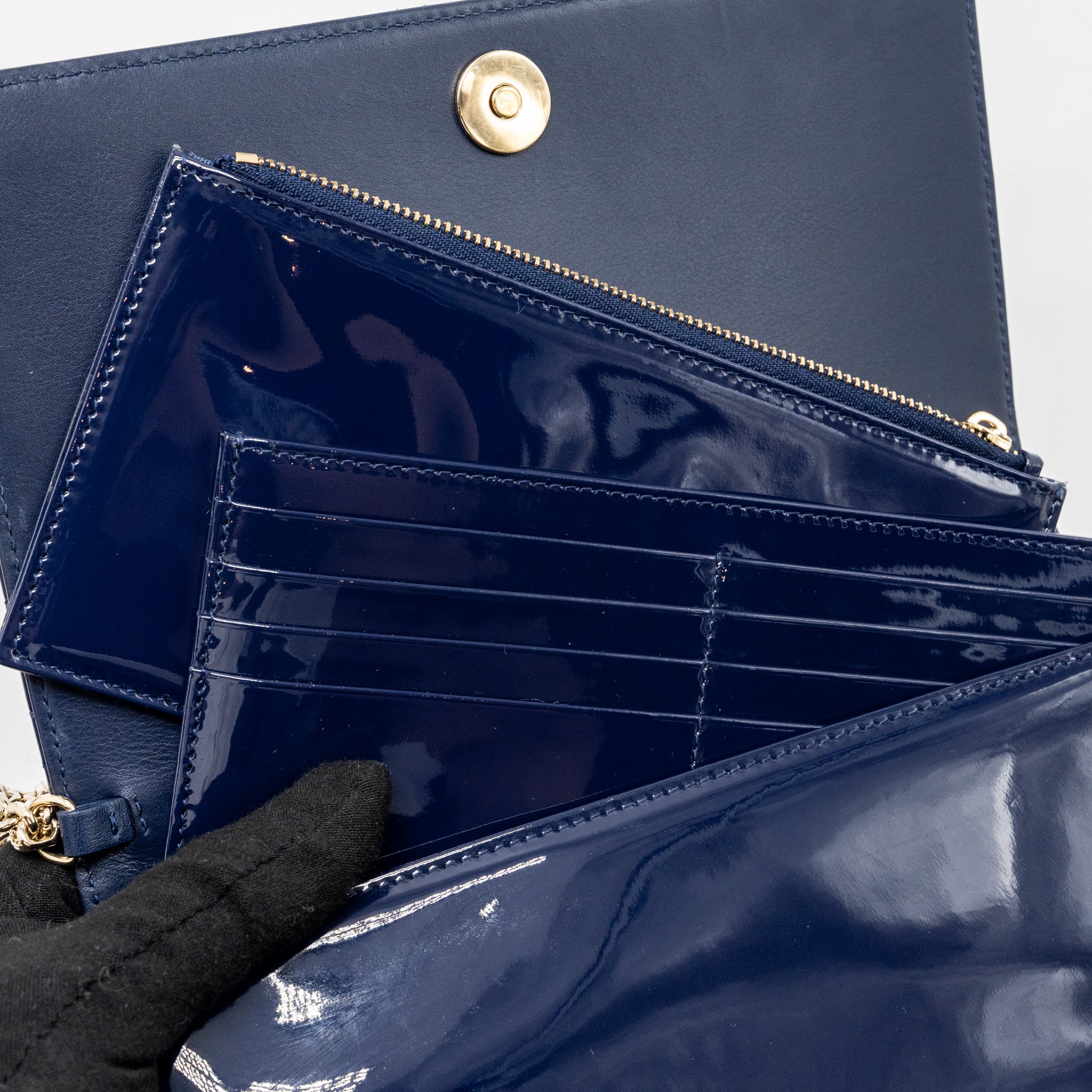 Dior Lady Dior Pouch with Chain patent dark blue LGHW - Image 14