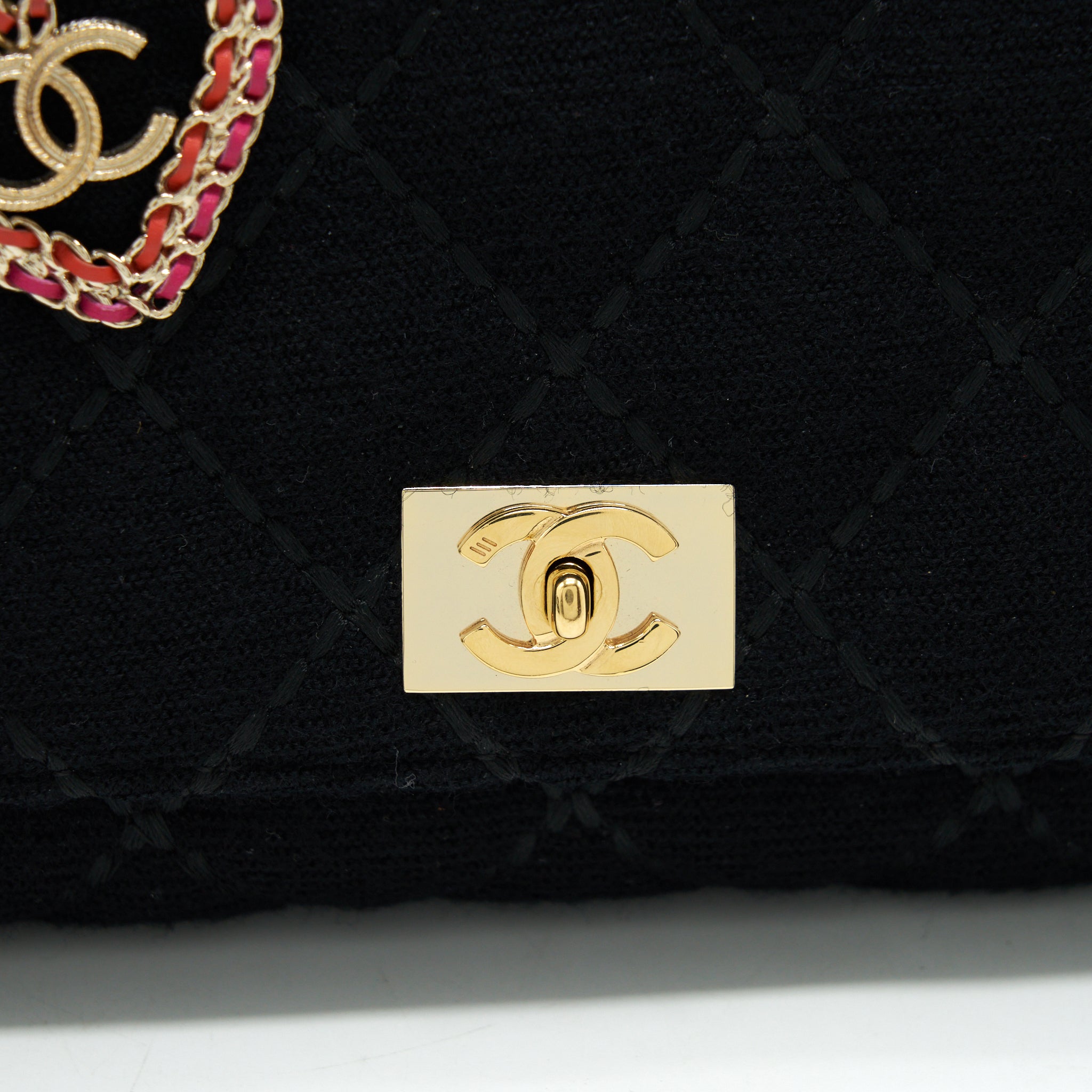 Chanel Vintage Shoulder Bag fabric Black GHW With An Extra Bag Charm - Image 7