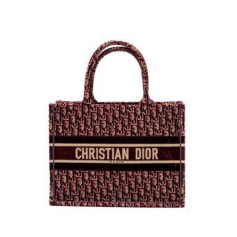 Dior Medium Book Tote Oblique Embroidery Velvet/ Canvas Dark Red