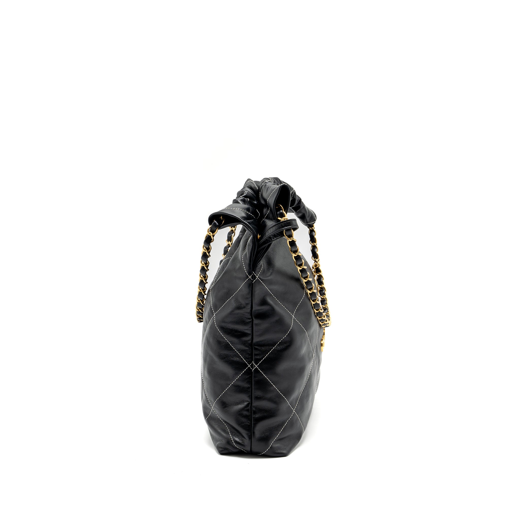 Chanel Medium 22 Bag Shiny Calfskin Black With White Stitching Gold Letter GHW (Microchip) - Image 3