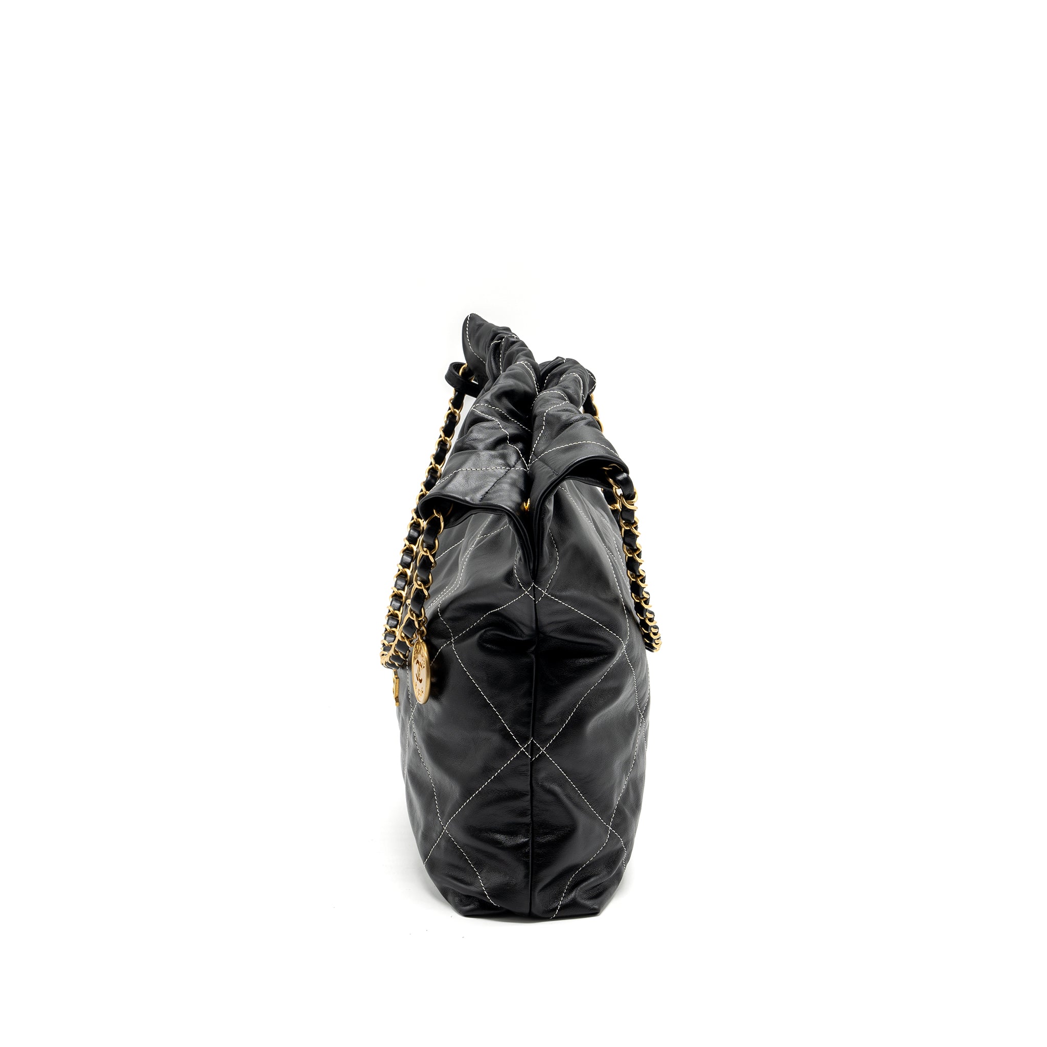 Chanel Medium 22 Bag Shiny Calfskin Black With White Stitching Gold Letter GHW (Microchip) - Image 4