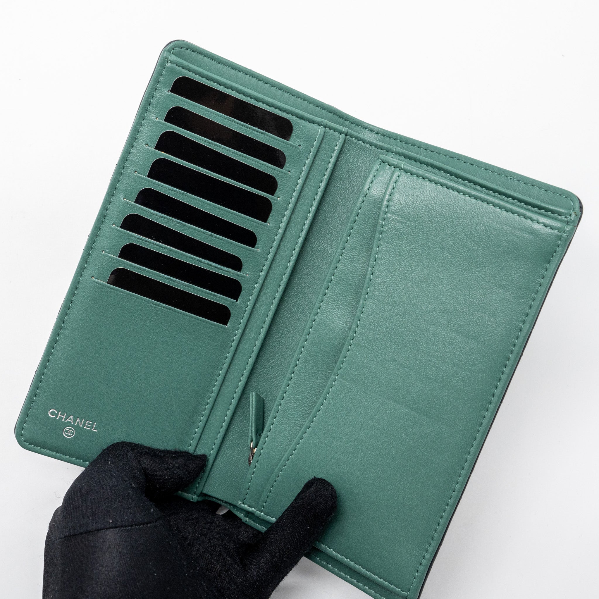 Chanel Long Wallet Lambskin Dark Grey/Green in Green Hardware - Image 8