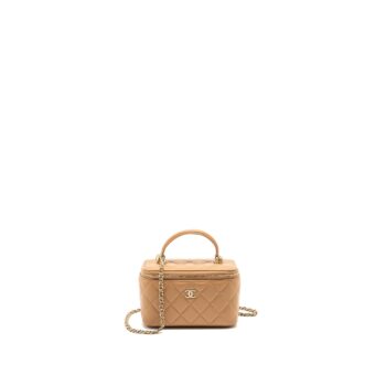 Chanel Top Handle Long Vanity Case With Chain Lambskin Caramel LGHW(Microchip)