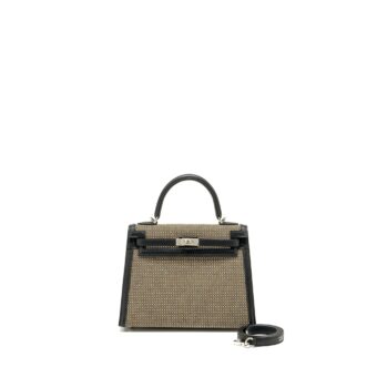 Hermes Kelly 25 sellier Toile Quadrille /swift black-blanc-desert / black SHW stamp U