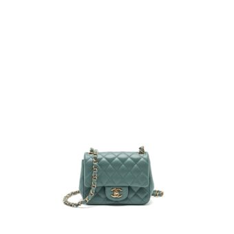 Chanel classic mini square flap bag lambskin green LGHW (microchip)