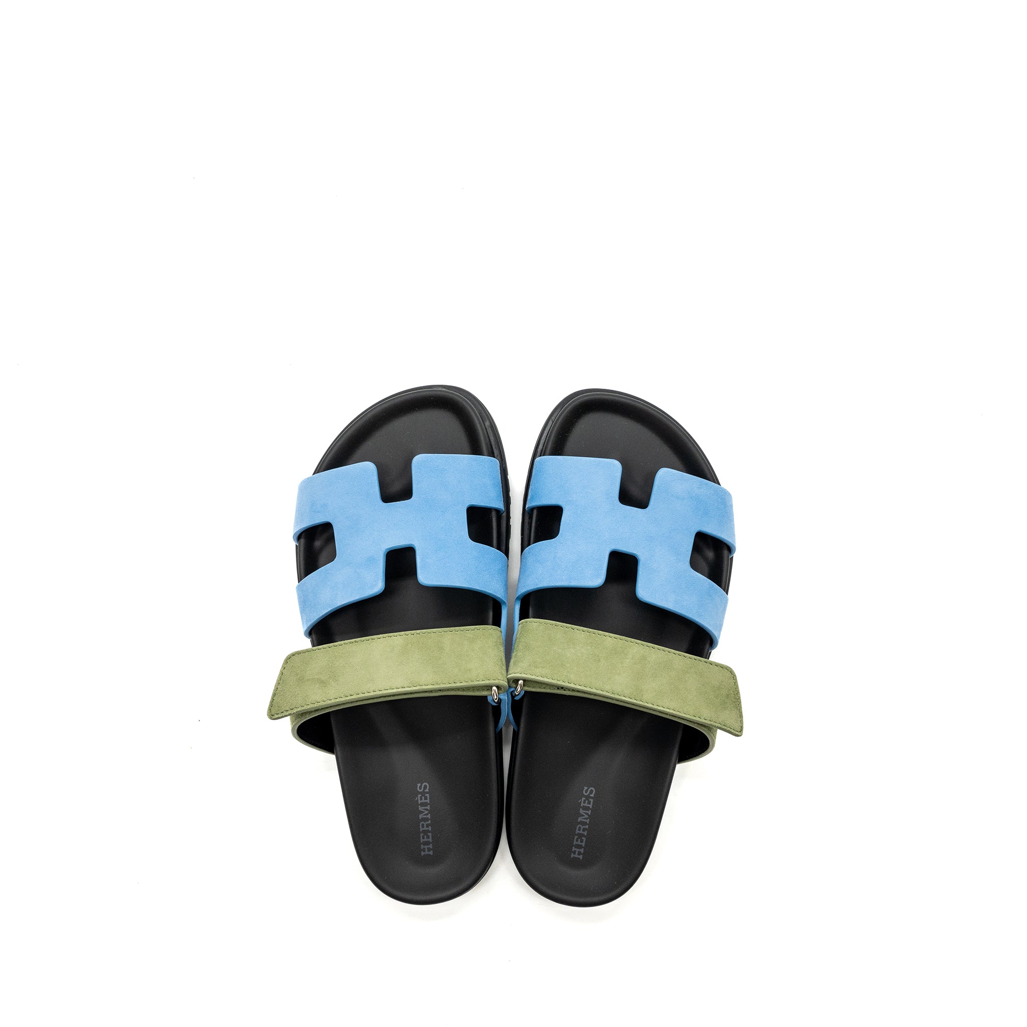 HERMES Size 37 chypre sandals chèvre velours bleu cameo / vert celadon - Image 2