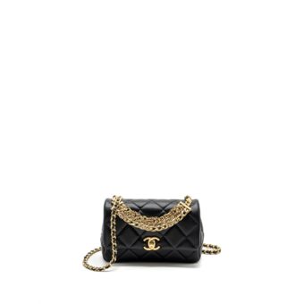 Chanel Logo Chain Handle Flap Bag Lambskin Black GHW(Microchip)
