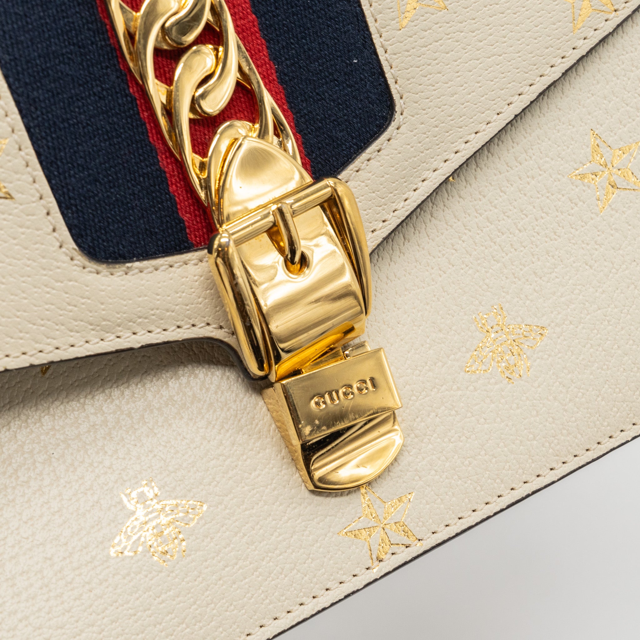 Gucci Small Sylvia Bag Bee and Star Printed Calfskin White GHW - Image 8