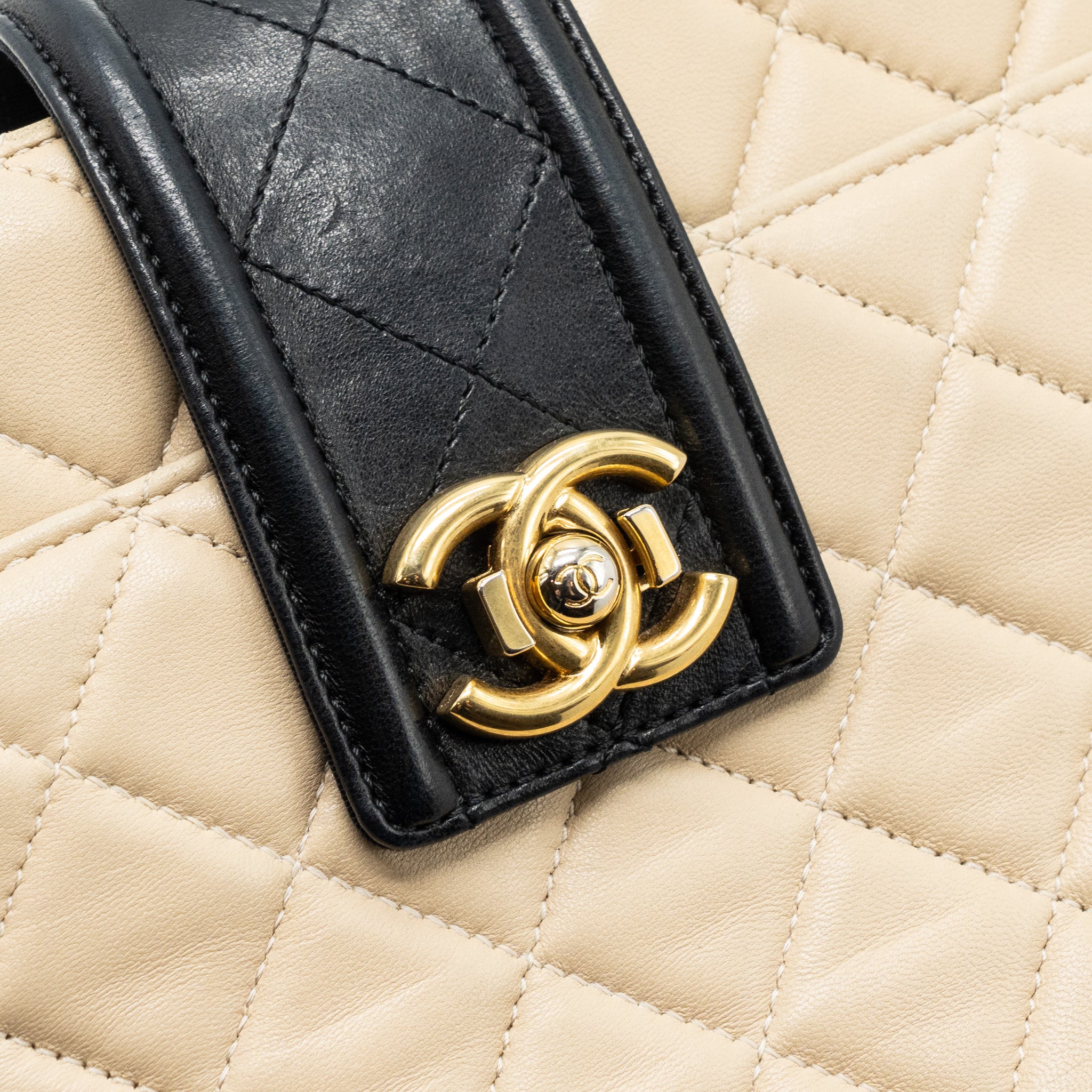 Chanel Quilted small shopping tote bag lambskin beige / black GHW - Image 8