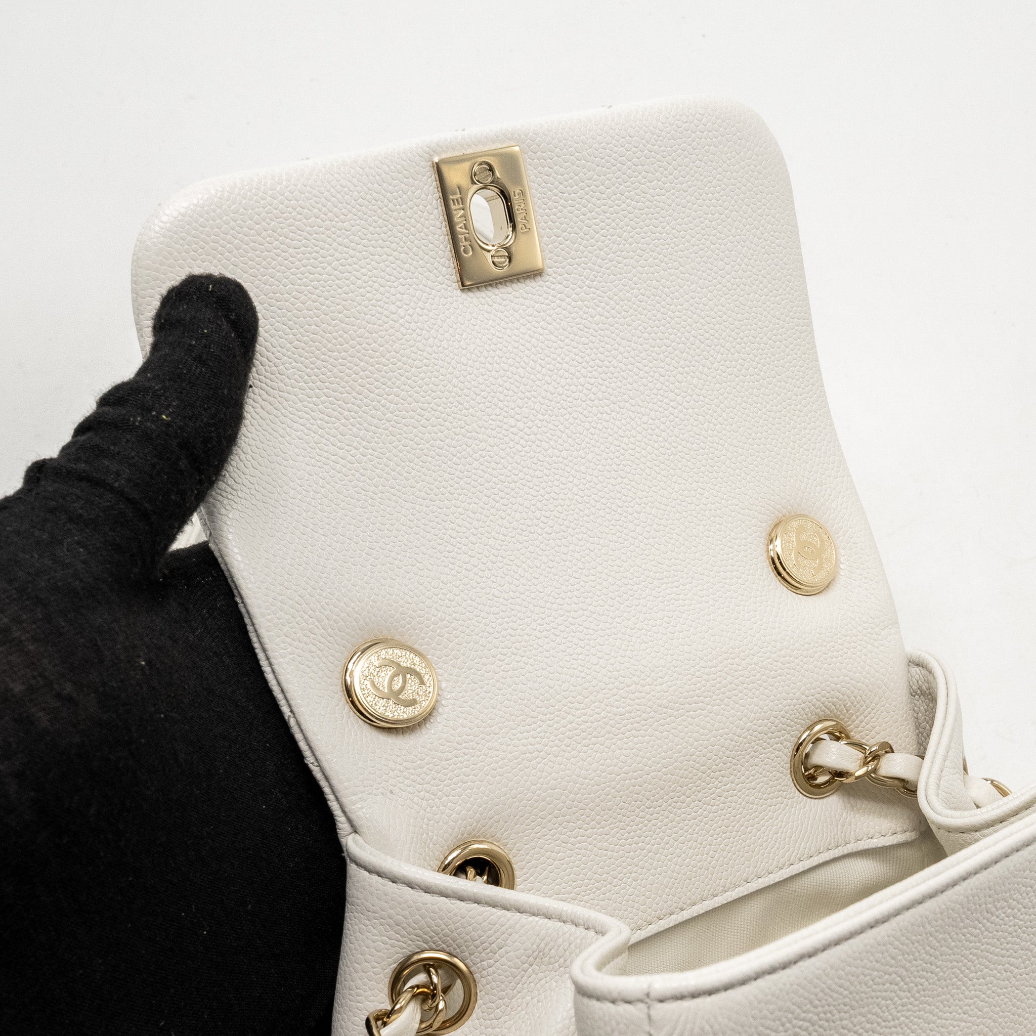Chanel 23K Triple Pocket Mini Backpack Caviar White LGHW (Microchip) - Image 13